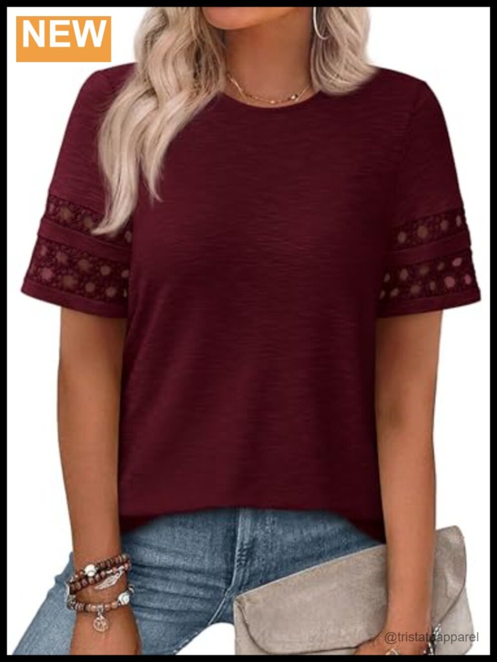 Women's Short Sleeve Lace Trim Crew Neck T-Shirt Casual Summer Top